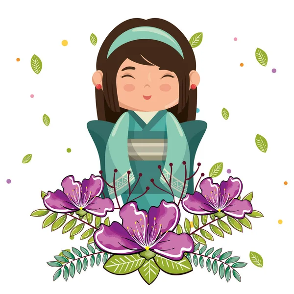 Küçük Japon Kız Kawaii Çiçek Karakter Vektör Çizim Tasarımı Ile — Stok Vektör