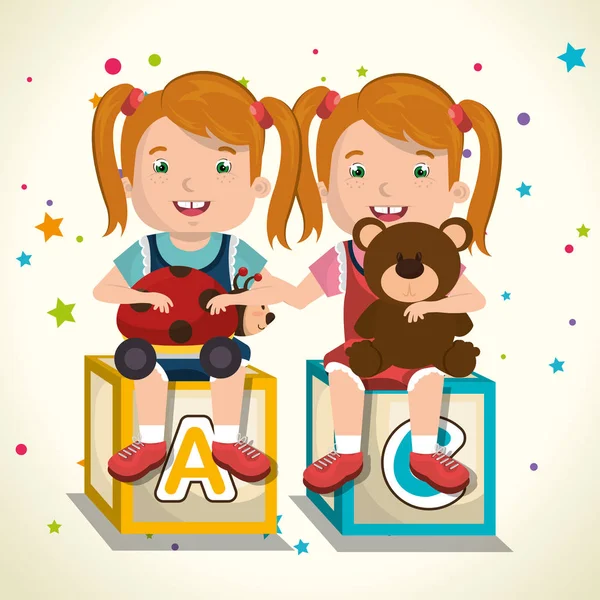 Kleine meisjes spelen met speelgoed tekens — Stockvector