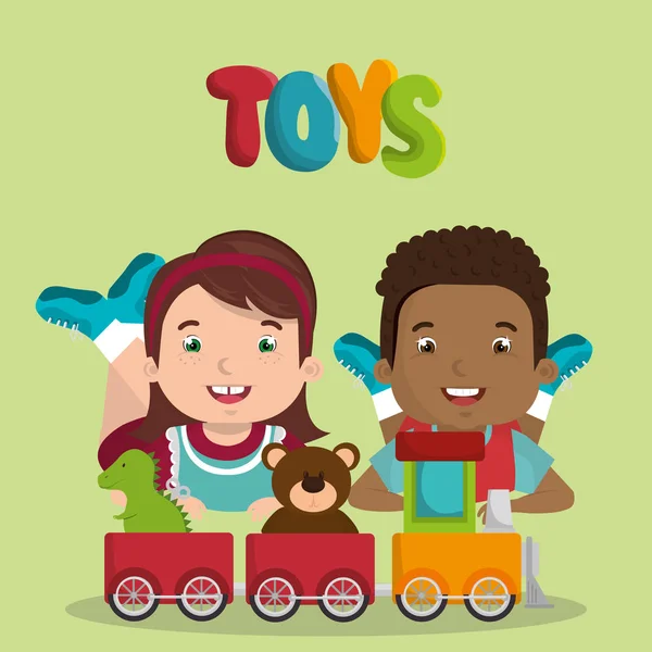 Bambino e ragazza giocare con giocattoli personaggi — Vettoriale Stock