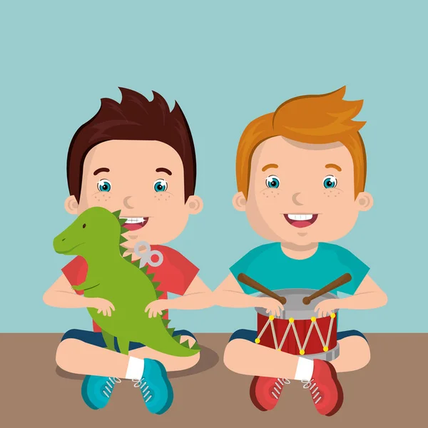 Småpojkar som leker med leksaker tecken — Stock vektor