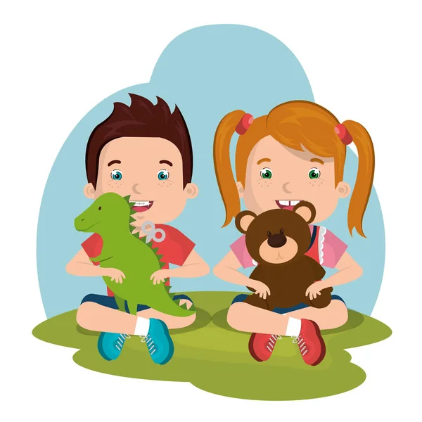 Menino e menina brincando com brinquedos personagens — Vetor de Stock