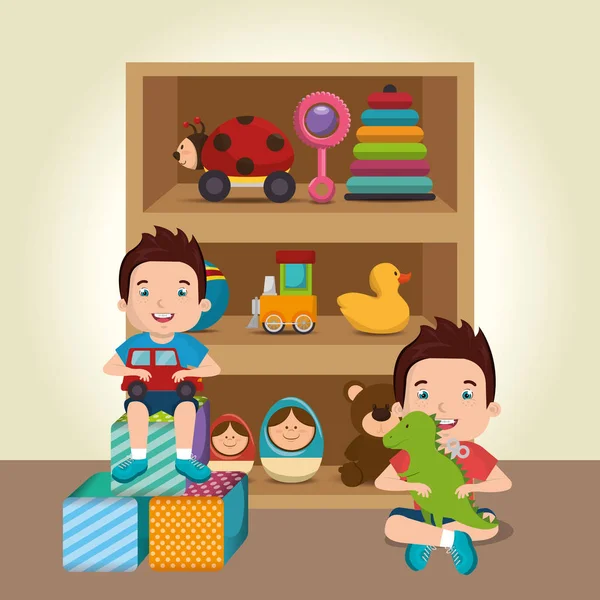 Little boys playing with toys characters — Stock Vector