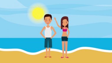 Çift yolcuları plaj tropikal peyzaj animasyon