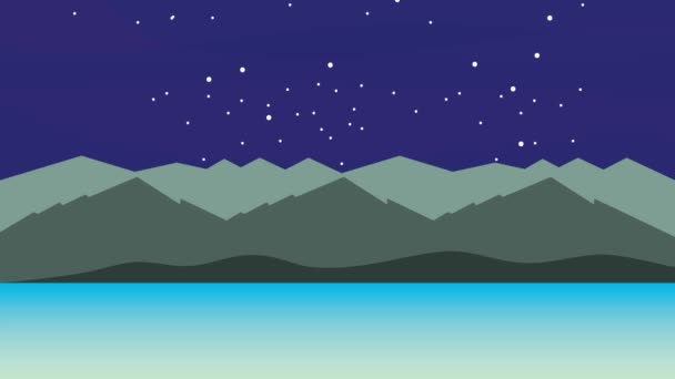 Landschaft Natürliche Berge Mond Sterne Fluss Animation — Stockvideo