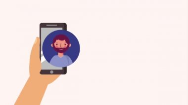 el ile ekran animasyon üzerinde konuşan adam akıllı telefon tutarak