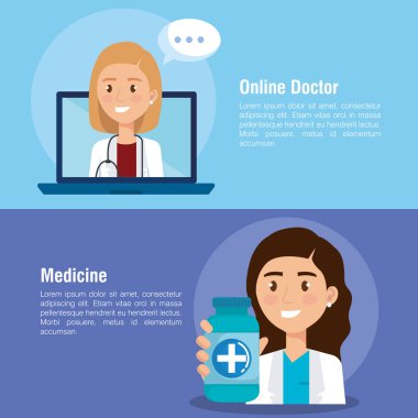 Doktor ve Teletıp simgeleri ile dizüstü bilgisayar