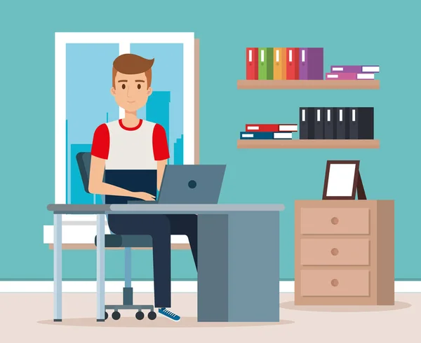 Young man in the workplace scene — Stock Vector