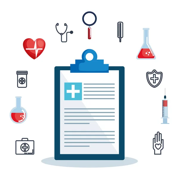 Documento de pedido con iconos de conjunto médico de atención médica — Vector de stock