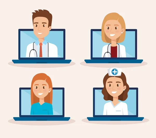 Laptop with doctor and telemedicine icons — Stock Vector