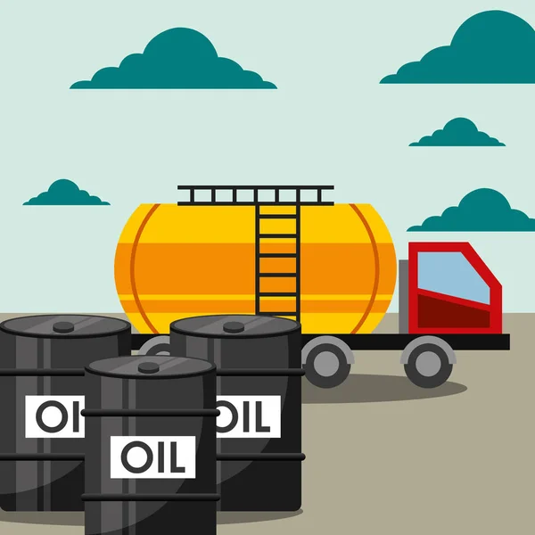 Transporte caminhão petroleiro e barris indústria petrolífera —  Vetores de Stock