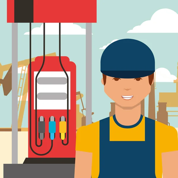 Travailleur homme et station service industrie pétrolière — Image vectorielle