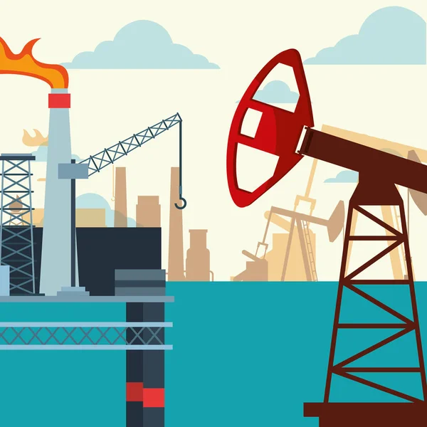 Indústria petrolífera bomba jack plataforma produção no mar — Vetor de Stock