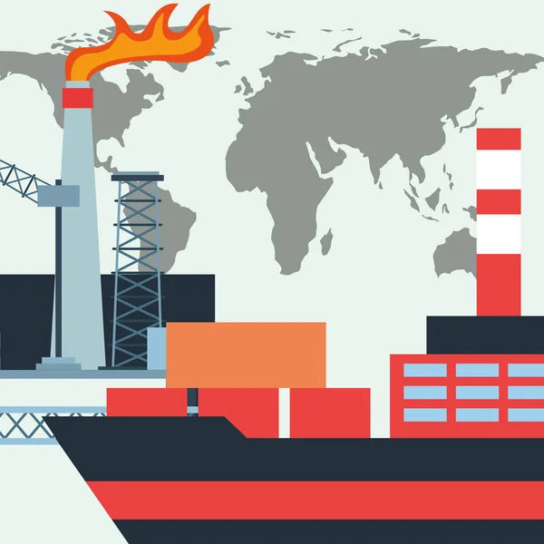 Indústria petrolífera contêineres navio-tanque e fábrica mundo — Vetor de Stock