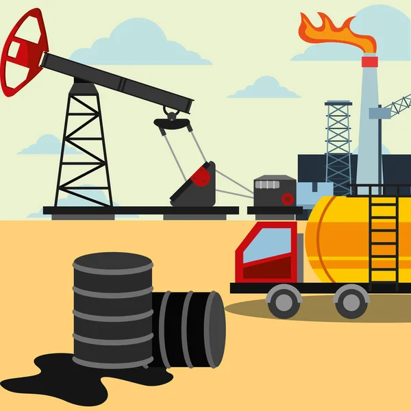 A kiömlött ásványolaj hordó teherautó és finomító üzem olajipar — Stock Vector