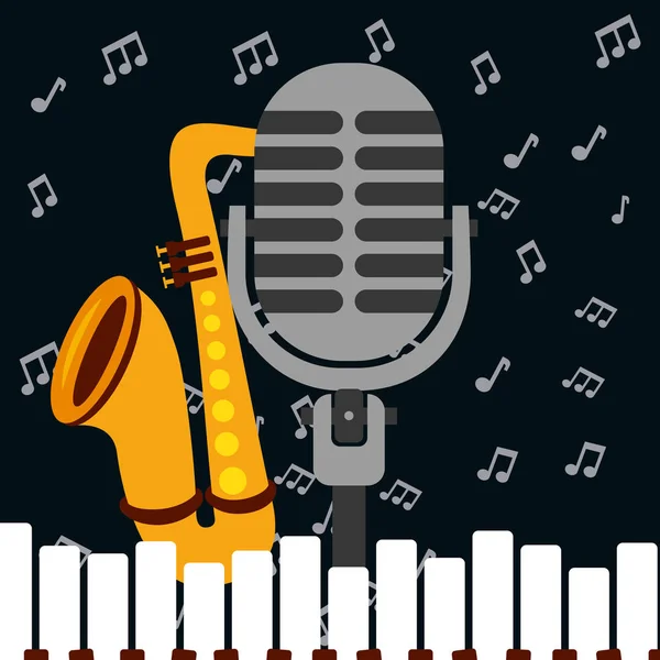 Jazz Festival Toetsen Piano Microfoon Saxofoon Muziek Vectorillustratie — Stockvector