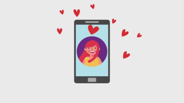 Smartphone couple love hearts characters — Stock Video