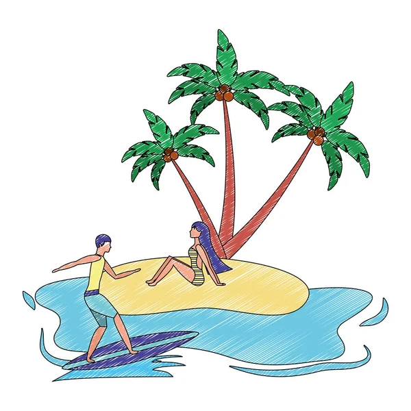 Beach táj ülő nő és férfi a szörfdeszka — Stock Vector