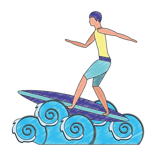 Man in surfplank golven zee avatar caractère — Stockvector