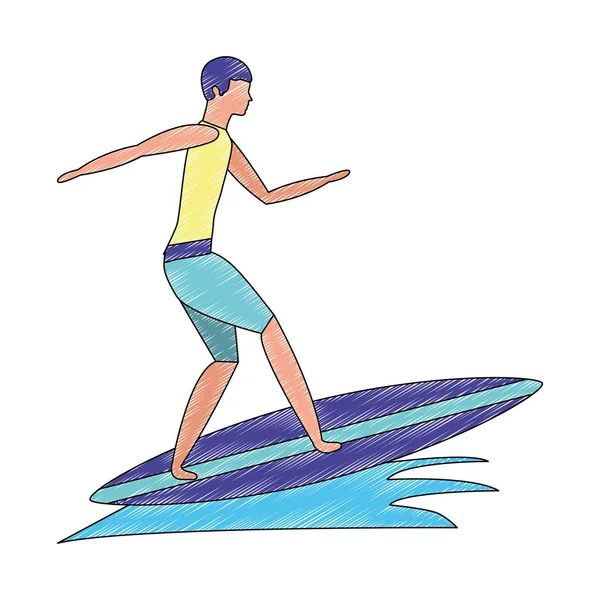 Man in surfplank golven zee avatar caractère — Stockvector