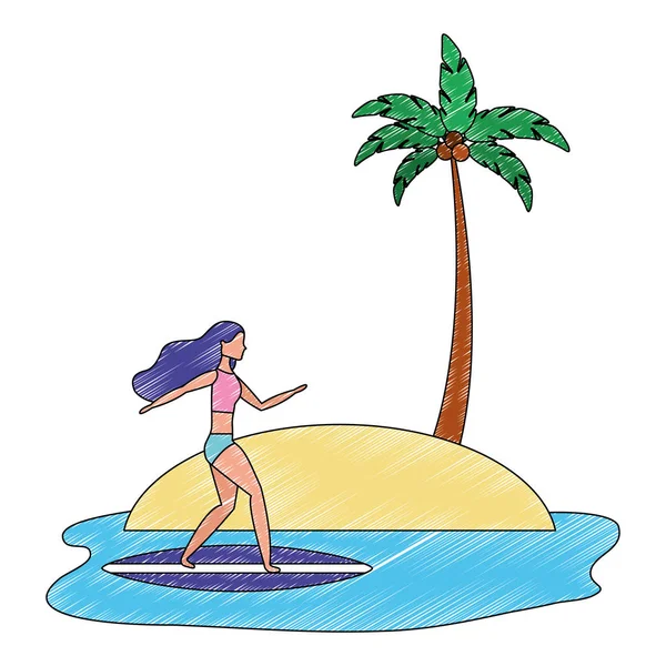 Пляжний краєвид з жінкою в дошці для серфінгу — стоковий вектор
