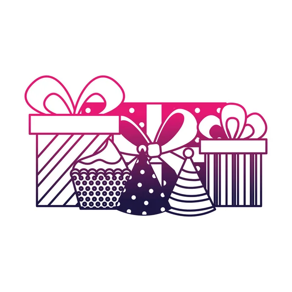 Cadeaux cupcake anniversaire enveloppé ruban célébration — Image vectorielle
