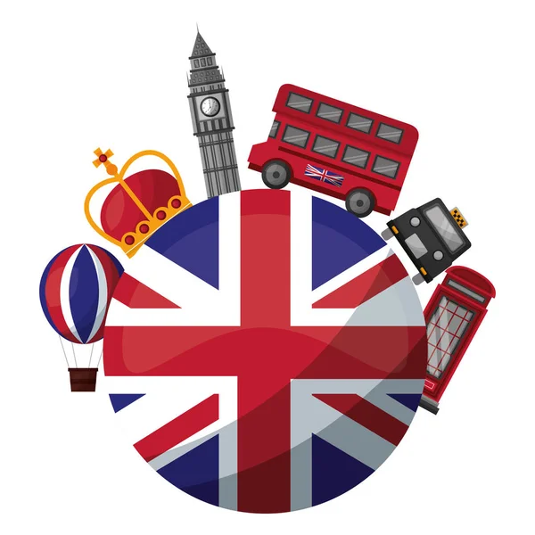 United kingdom flag big ben bus taxi crown and booth telephone — Stock Vector