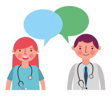 Doktor erkek ve kadın portre konuşma balonu