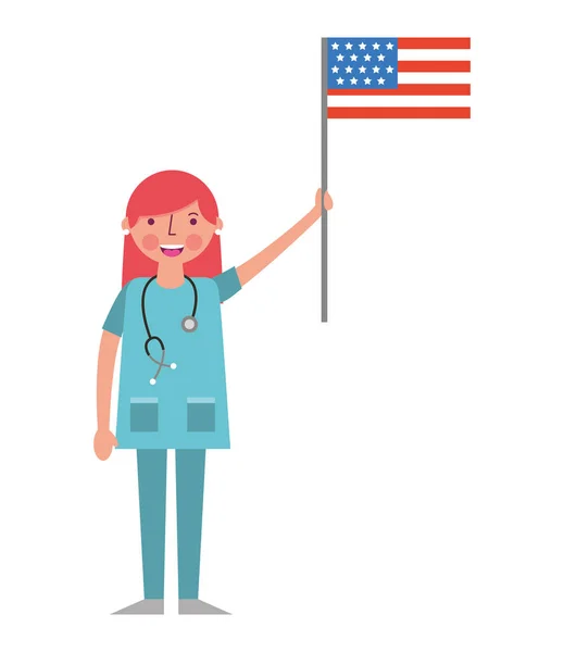 Donna medico che tiene bandiera americana giorno del lavoro — Vettoriale Stock