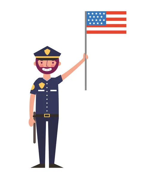 Personnage homme de police tenant drapeau américain jour du travail — Image vectorielle
