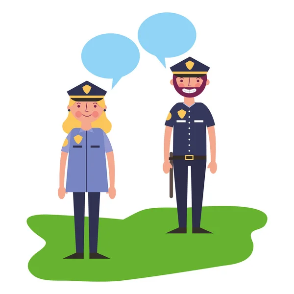 Vrouw en man politieagent praten — Stockvector