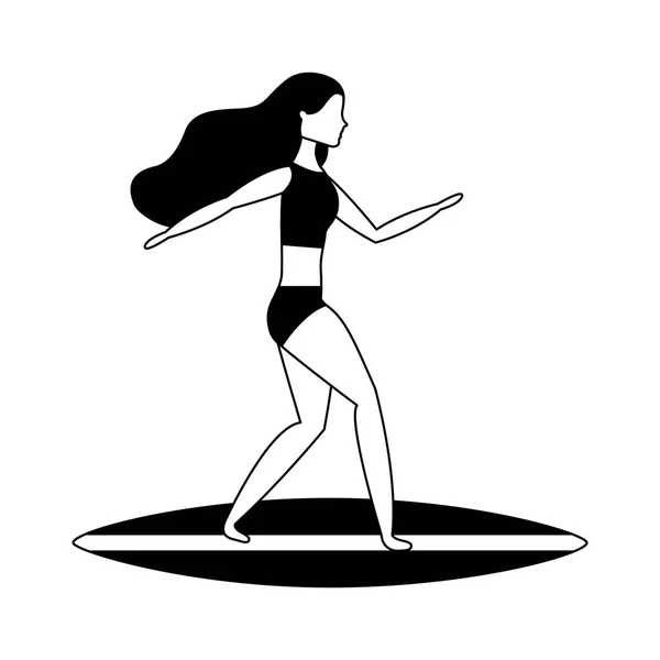 Frau im Badeanzug auf Surfbrett — Stockvektor