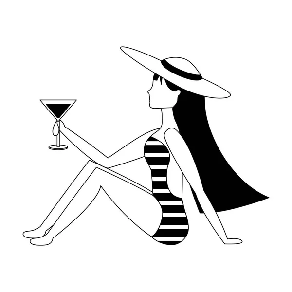Belle femme en maillot de bain avec cocktail — Image vectorielle