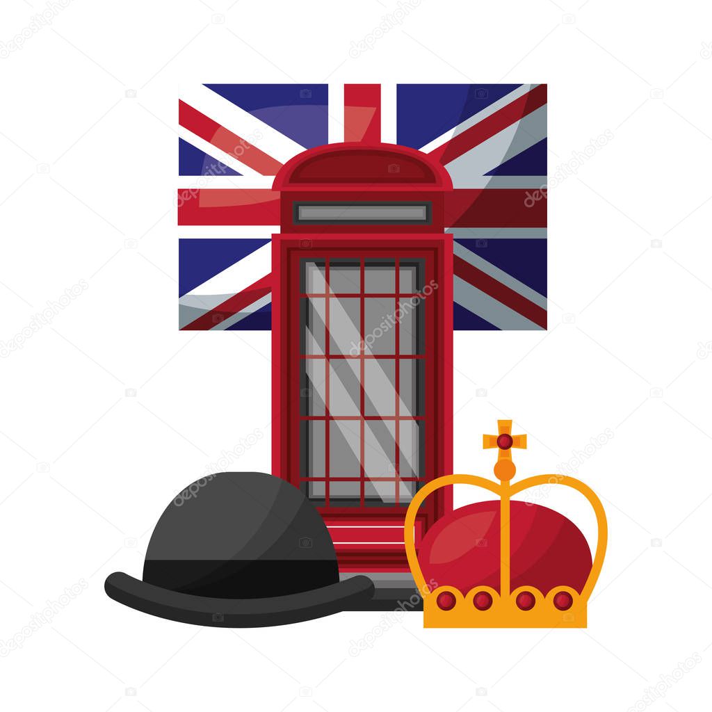 classic british telephone booth with flag and set icons