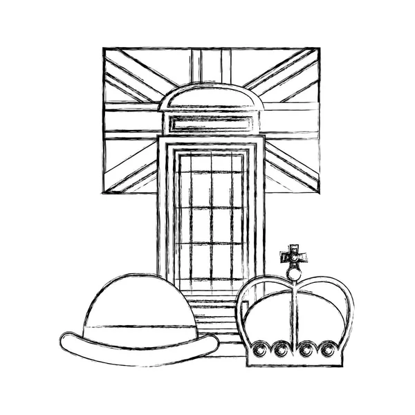 Κλασικό βρετανικό τηλεφωνικό θάλαμο με σημαία και σετ εικονιδίων — Διανυσματικό Αρχείο