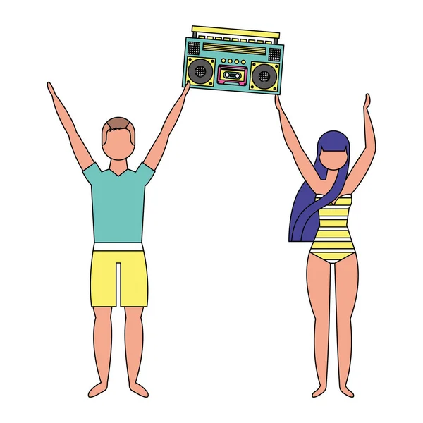 Unga par med baddräkt och gammal radio — Stock vektor