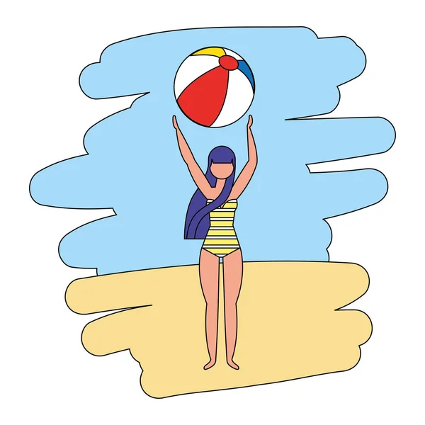 Femme heureuse avec ballon de plage — Image vectorielle