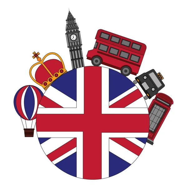 Bandera de Gran Bretaña con iconos de Londres — Vector de stock