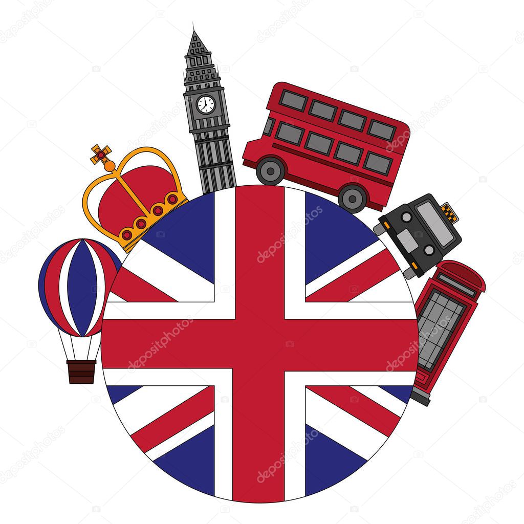 flag of great britain with london icons