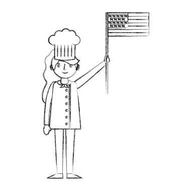 Şef kadın kadın karakter Amerikan elinde şapka ile Bayrak İşçi Bayramı