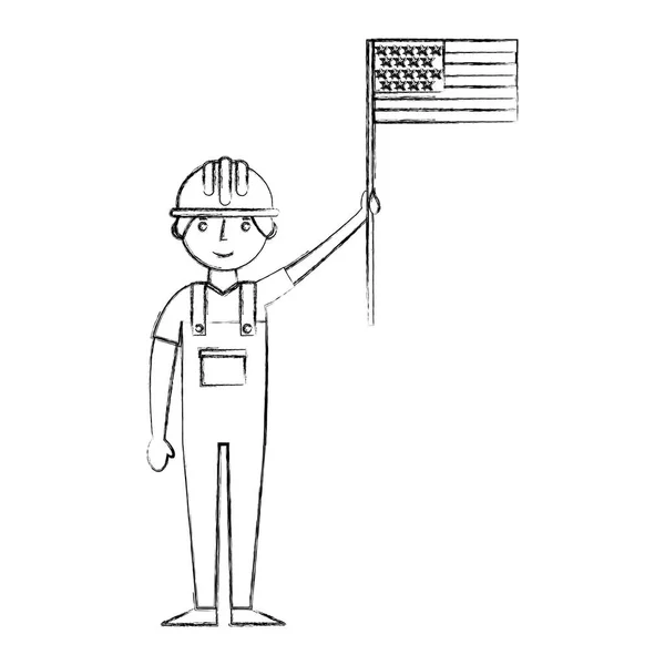 Werknemer contruction in overalls houden Amerikaanse vlag dag van de arbeid — Stockvector