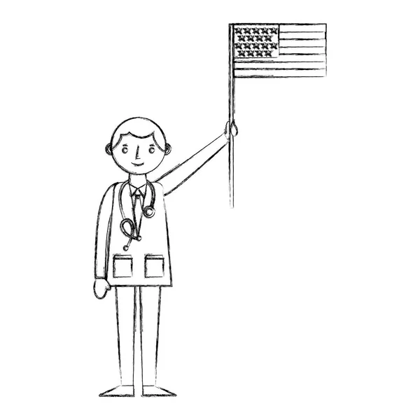 Профессиональный врач проводит День труда под американским флагом — стоковый вектор