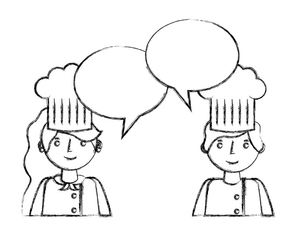 Donna e uomo chef parlando discorso bolla — Vettoriale Stock