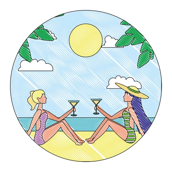 Two woman sitting on beach with cocktails in hands — Stock Vector