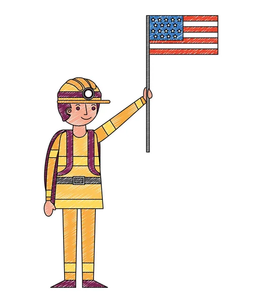 Человек-шахтер в шлеме проводит День труда американского флага — стоковый вектор