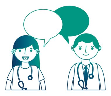 Doktor erkek ve kadın portre konuşma balonu