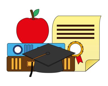 parşömen diploma ve şapka mezuniyet kitaplar