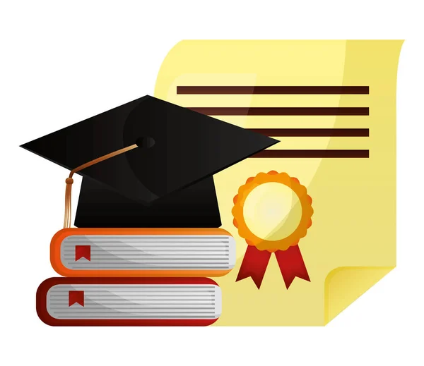 Libros de pila sombrero de graduación y diploma — Vector de stock