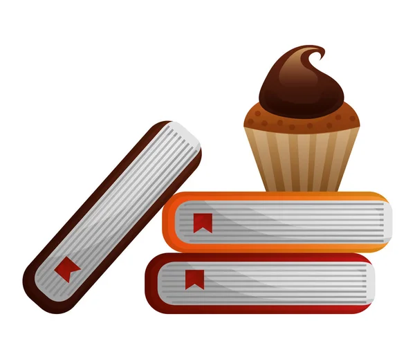 Escuela apilado libro y dulce cupcake — Vector de stock