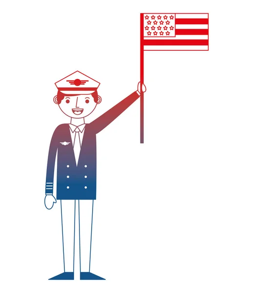 Piloto de avião comercial segurando dia de trabalho bandeira americana —  Vetores de Stock