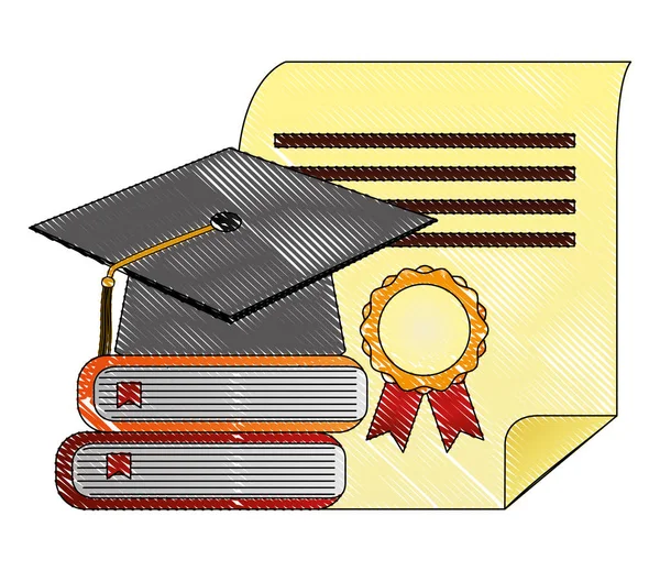 Δίπλωμα και καπέλο αποφοίτησης περγαμηνή με βιβλία — Διανυσματικό Αρχείο